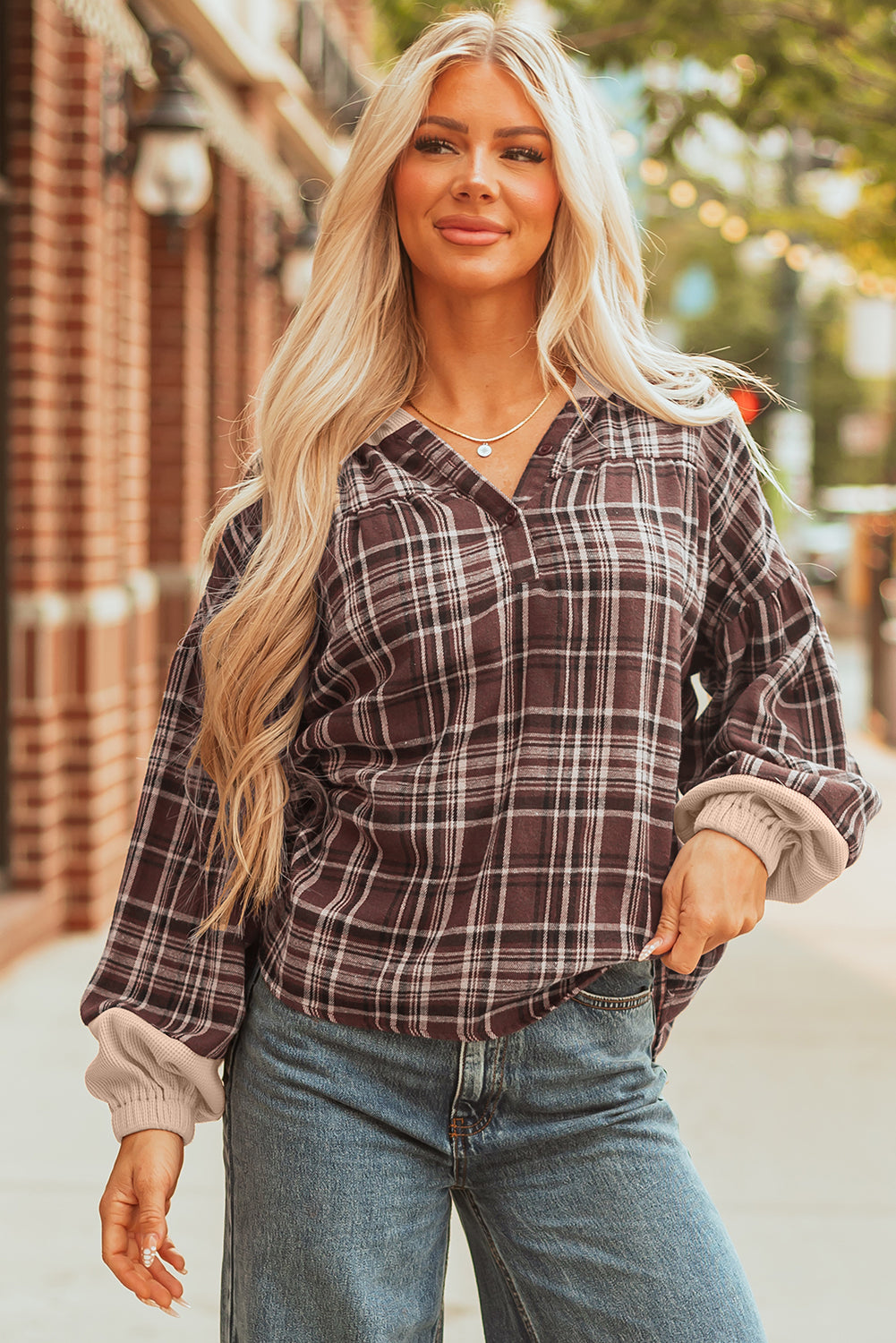 Lauren Plaid Patchwork Long Sleeve Hooded Top-0