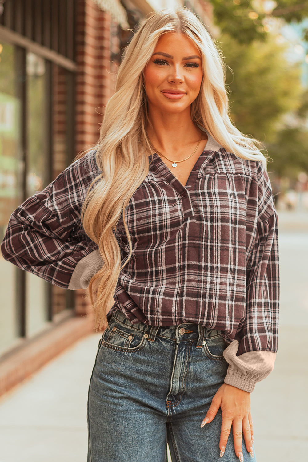 Lauren Plaid Patchwork Long Sleeve Hooded Top-4