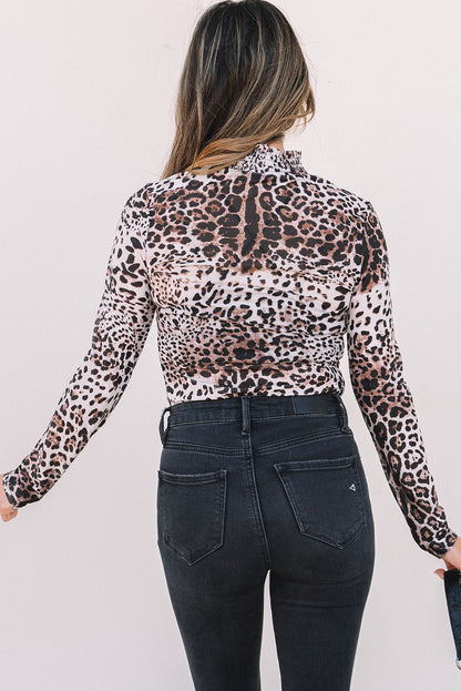 Leopard Smocked Neck Mesh Long Sleeve Bodysuit-1