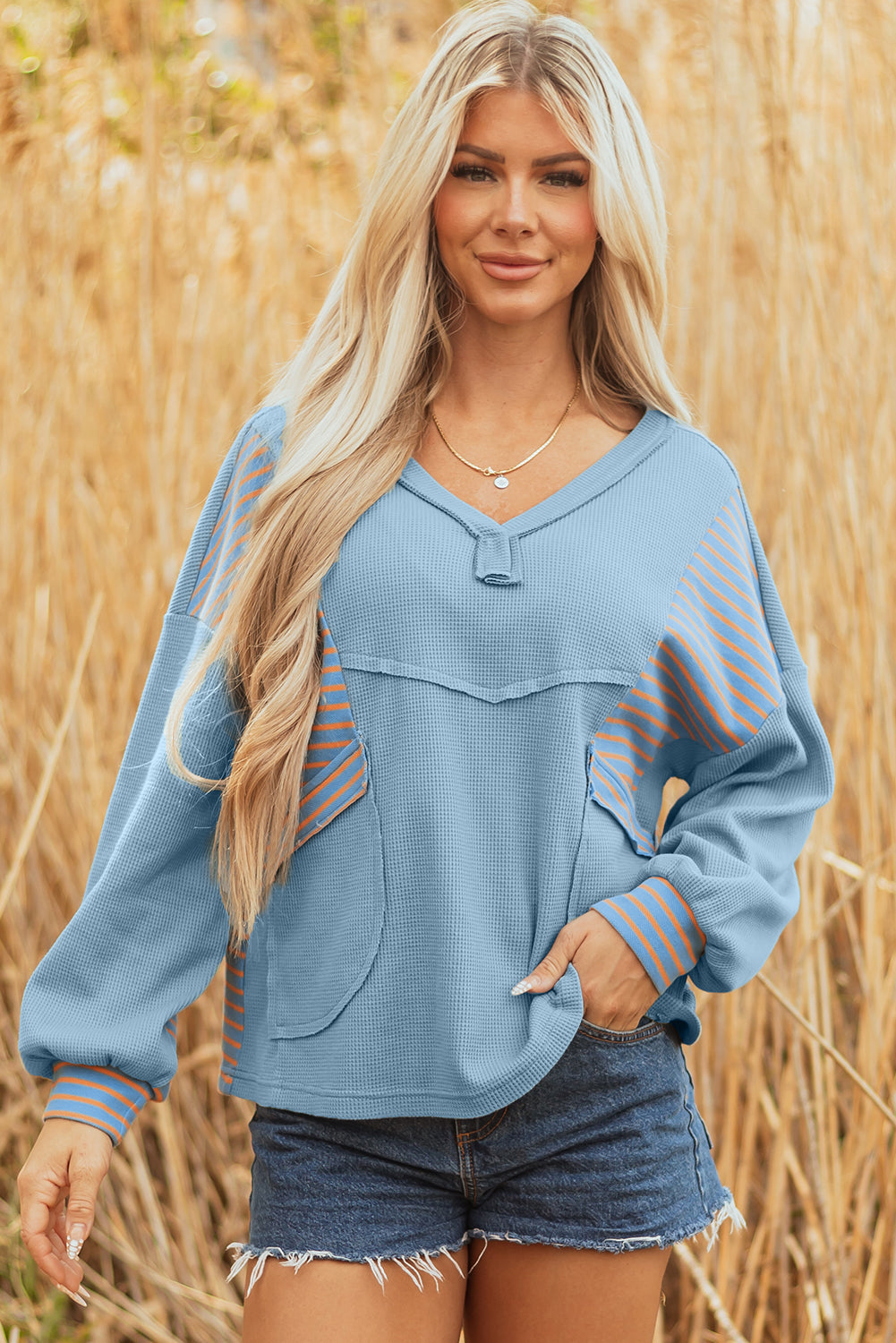 Madison Exposed Seam Waffle Baggy Pullover-4