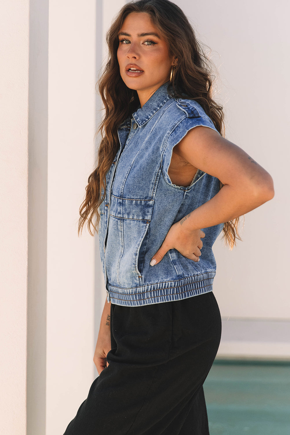 Nora Blue Acid Wash Elastic Hem Button Up Denim Vest-2