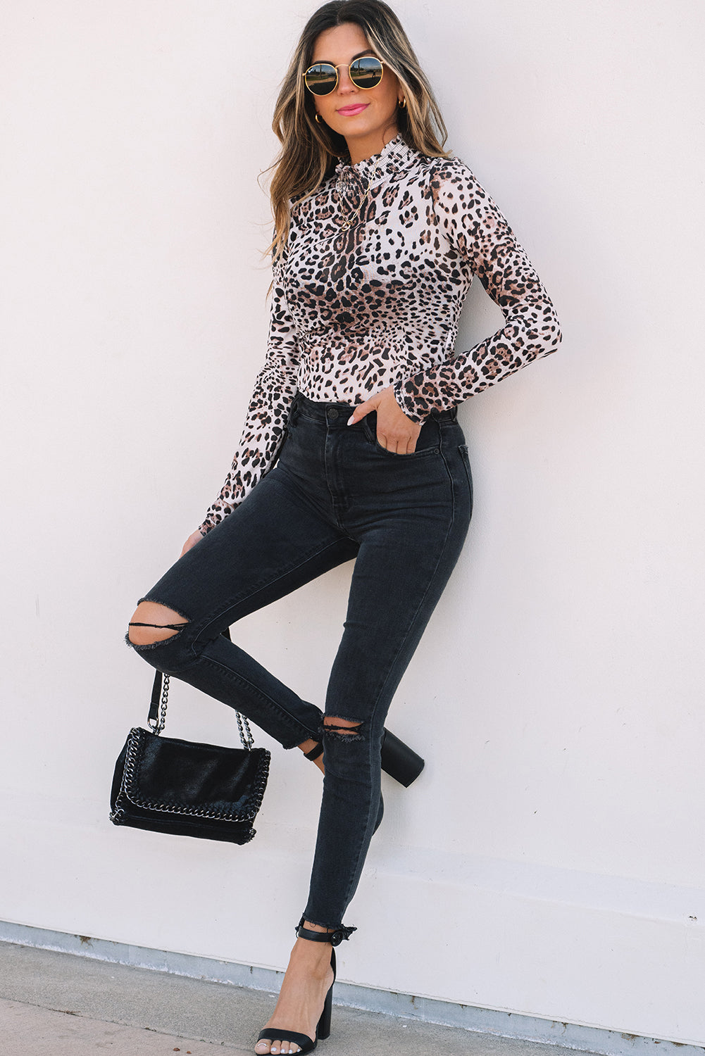 Leopard Smocked Neck Mesh Long Sleeve Bodysuit-4