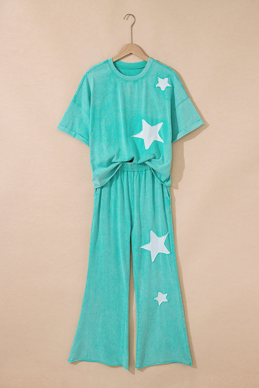 Arabella Acid Wash Star Patched Rolled Trim Pants Set