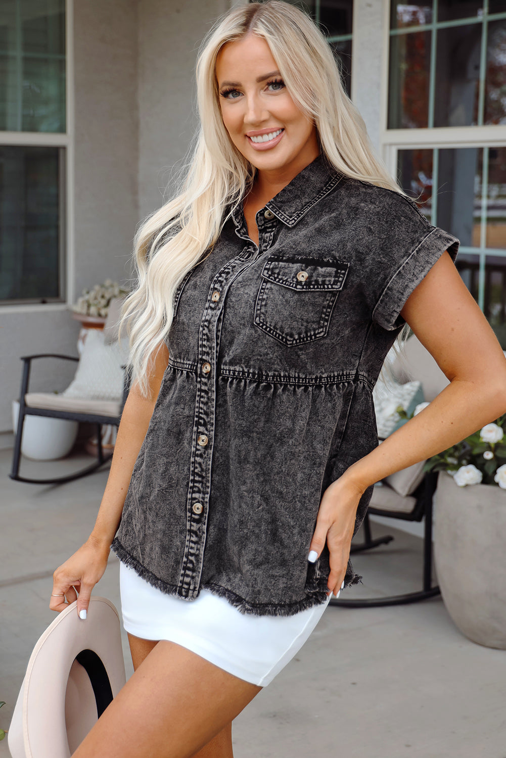 Chaya Flap Pocket Button Up Raw Hem Denim Shirt-2