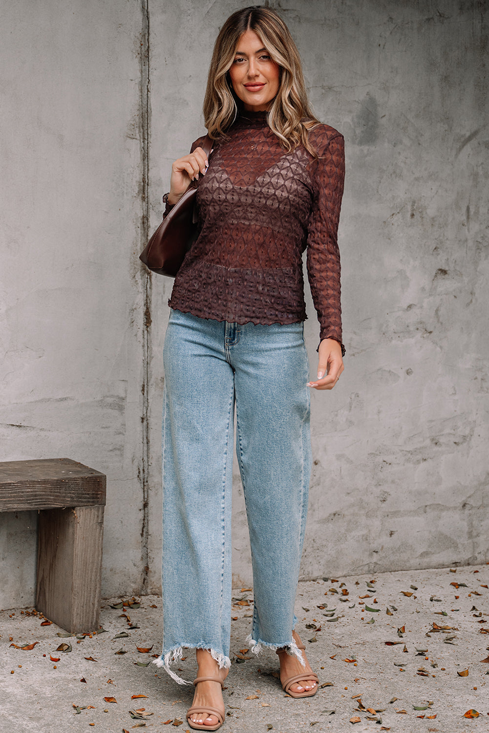 Ruth Sheer Mesh Patterned Lettuce Trim Top-4