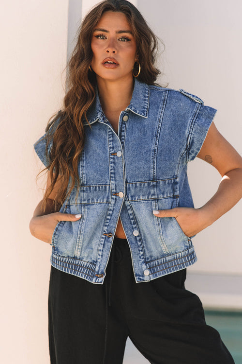 Nora Blue Acid Wash Elastic Hem Button Up Denim Vest-0