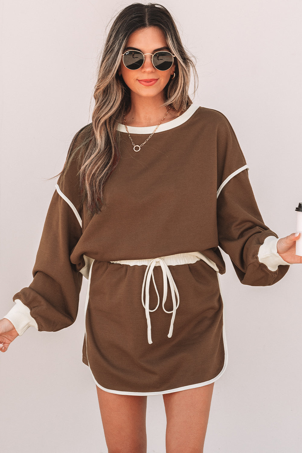 Violeta Loose Pullover and Lace-up Waist Skort Set-5