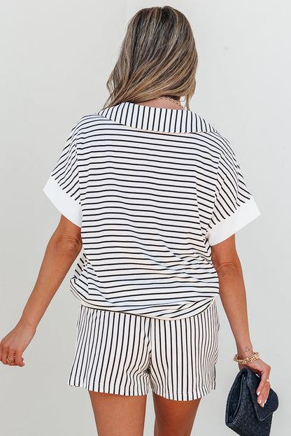 Chloe Stripe V Neck Tee Short Set-1