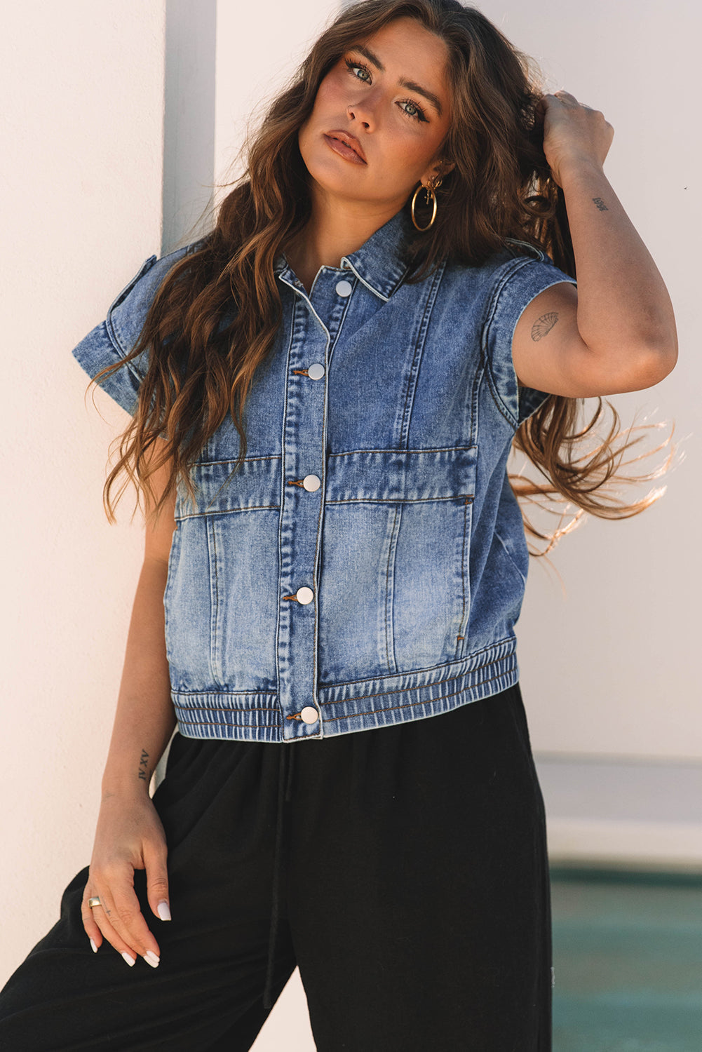 Nora Blue Acid Wash Elastic Hem Button Up Denim Vest-3