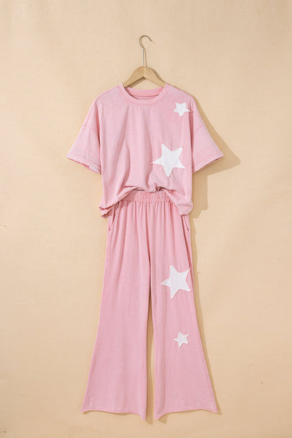 Arabella Acid Wash Star Patched Rolled Trim Pants Set