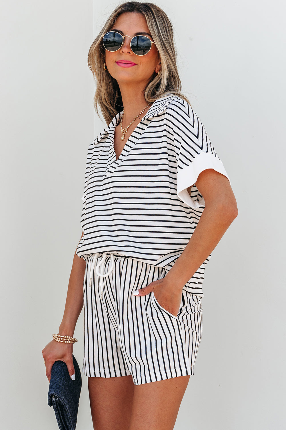 Chloe Stripe V Neck Tee Short Set-2