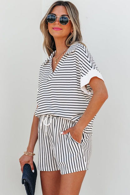 Chloe Stripe V Neck Tee Short Set-2