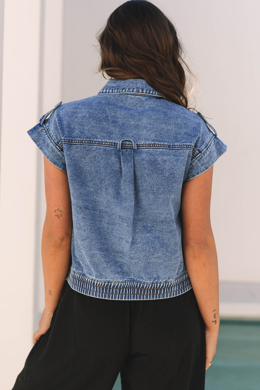 Nora Blue Acid Wash Elastic Hem Button Up Denim Vest-1