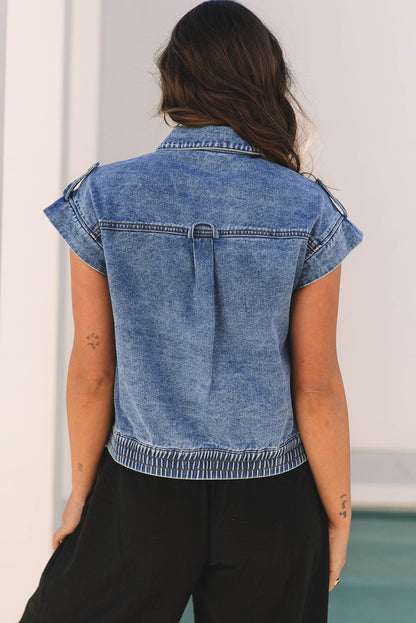 Nora Blue Acid Wash Elastic Hem Button Up Denim Vest-1