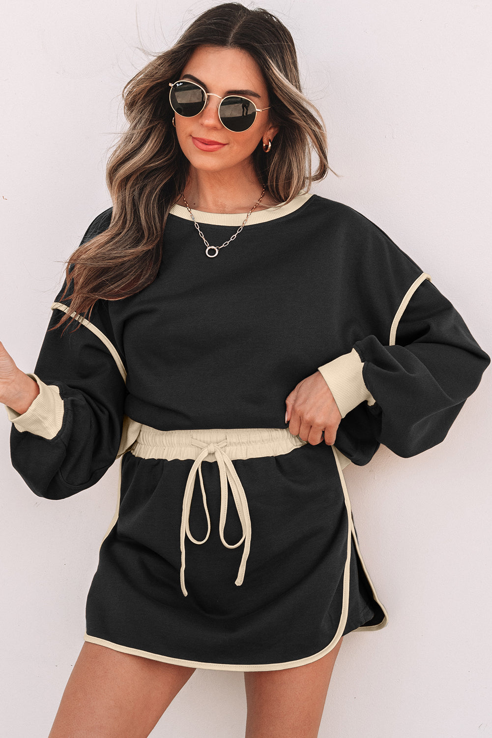 Violeta Loose Pullover and Lace-up Waist Skort Set-7