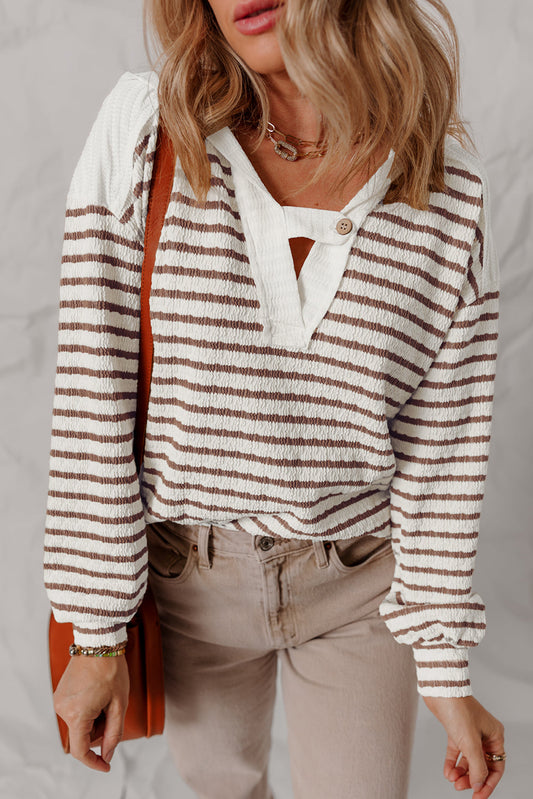 Ayla Stripe Textured Hooded Long Sleeve Top-0